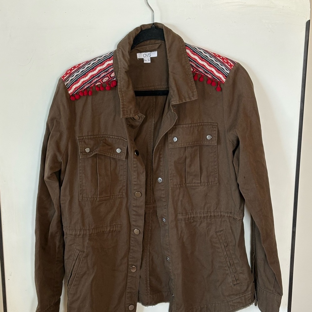 OVS Olive Green Military Jacket with Red Embroidered Shoulders